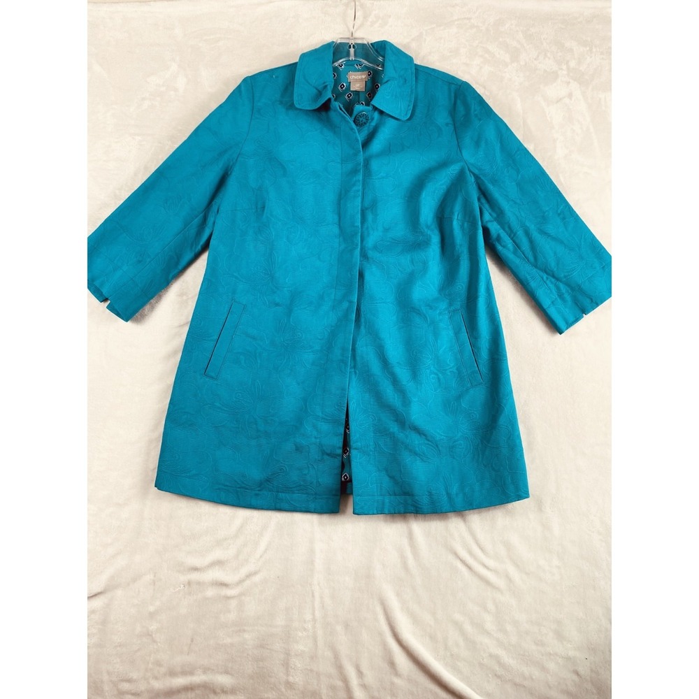 NWT Chico's Jacket Women's Sz 4-6 Petite Cerulean Blue 3/4 Sleeve Patterned